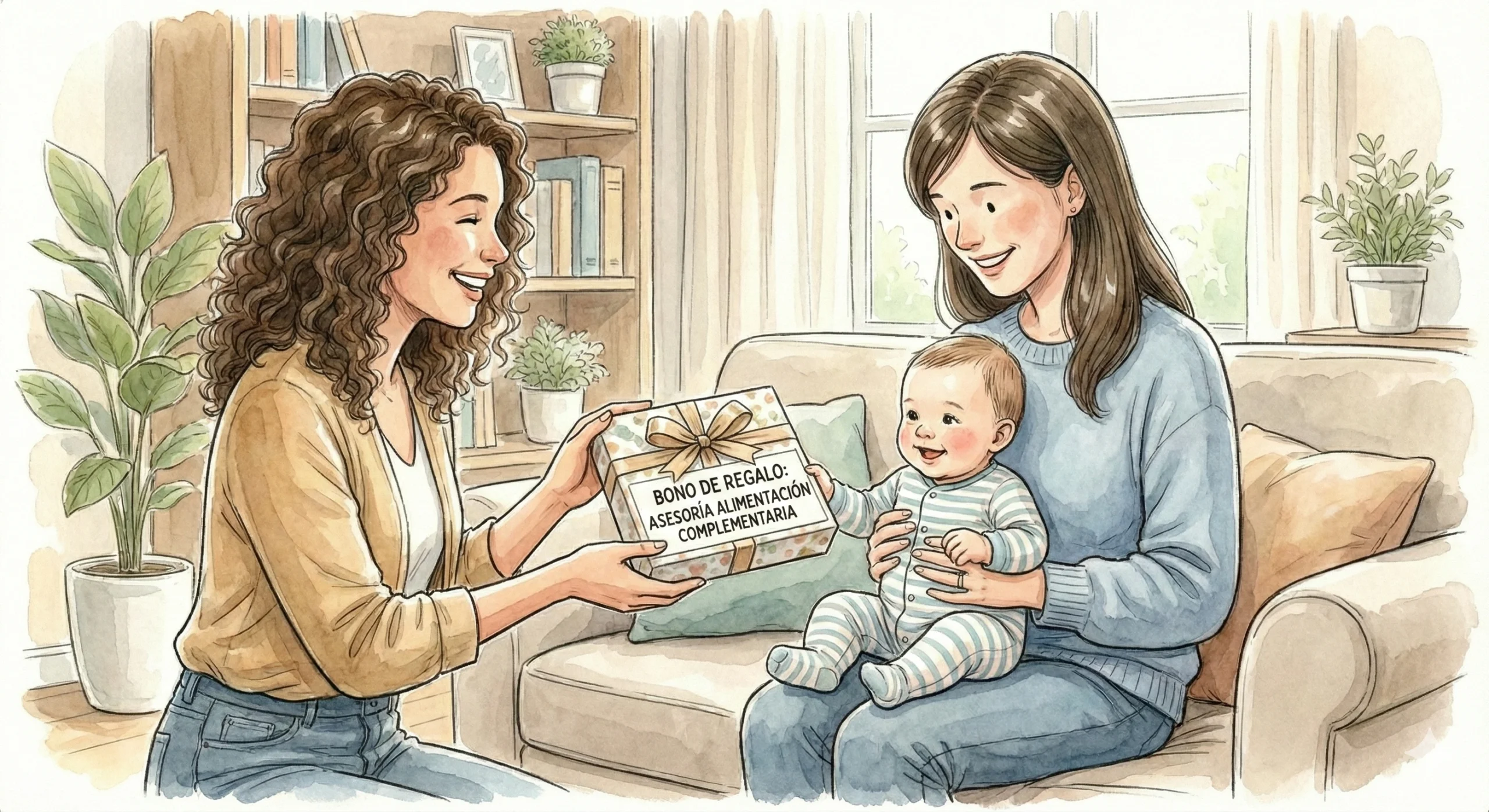 Amiga da un bono de regalo para asesoría de alimentación complementaria personalizada o grupal para bebés, a una mamá con bebé de 5 meses de edad
