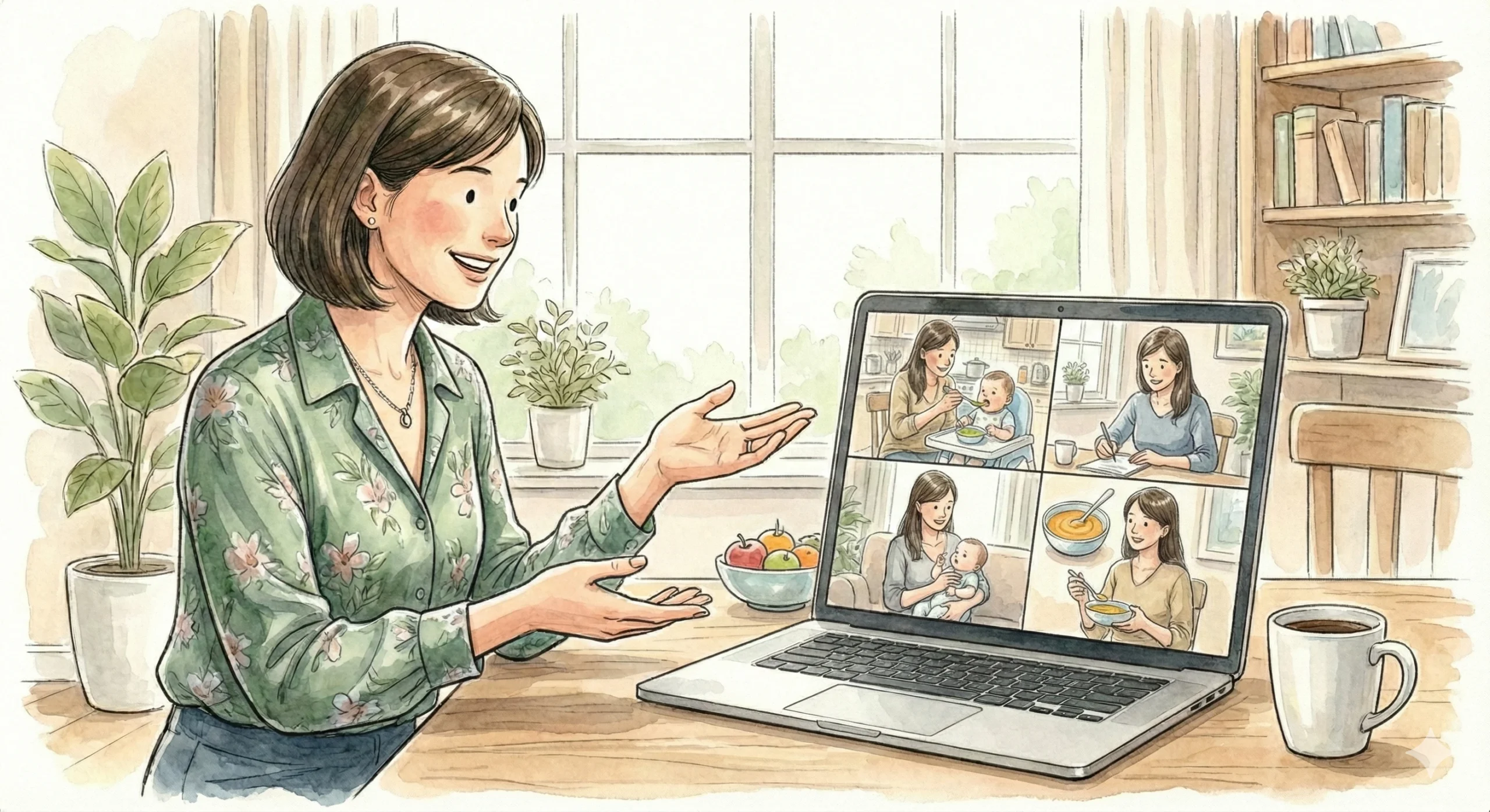 Formación grupal online de alimentación para bebés, una mujer interactúa con madres y niños en videollamada.