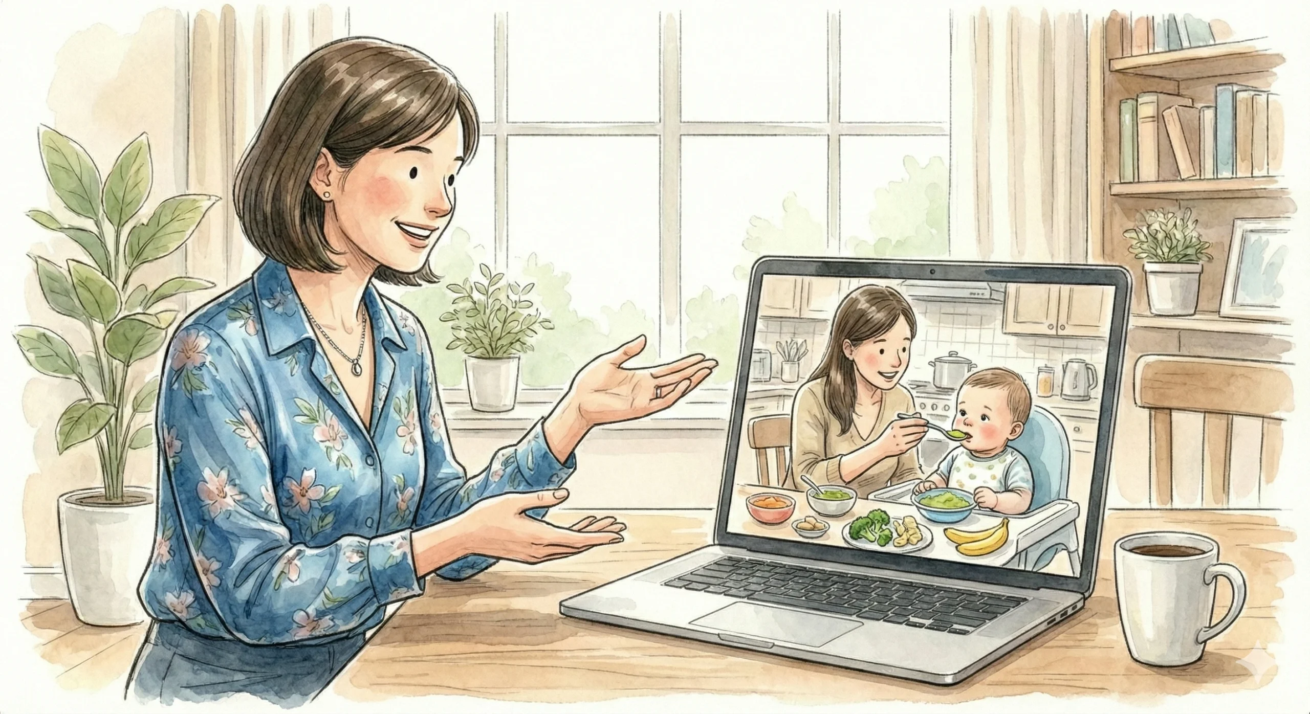 Ilustración de consulta online sobre nutrición infantil personalizada, experta y madre alimentando a bebé.