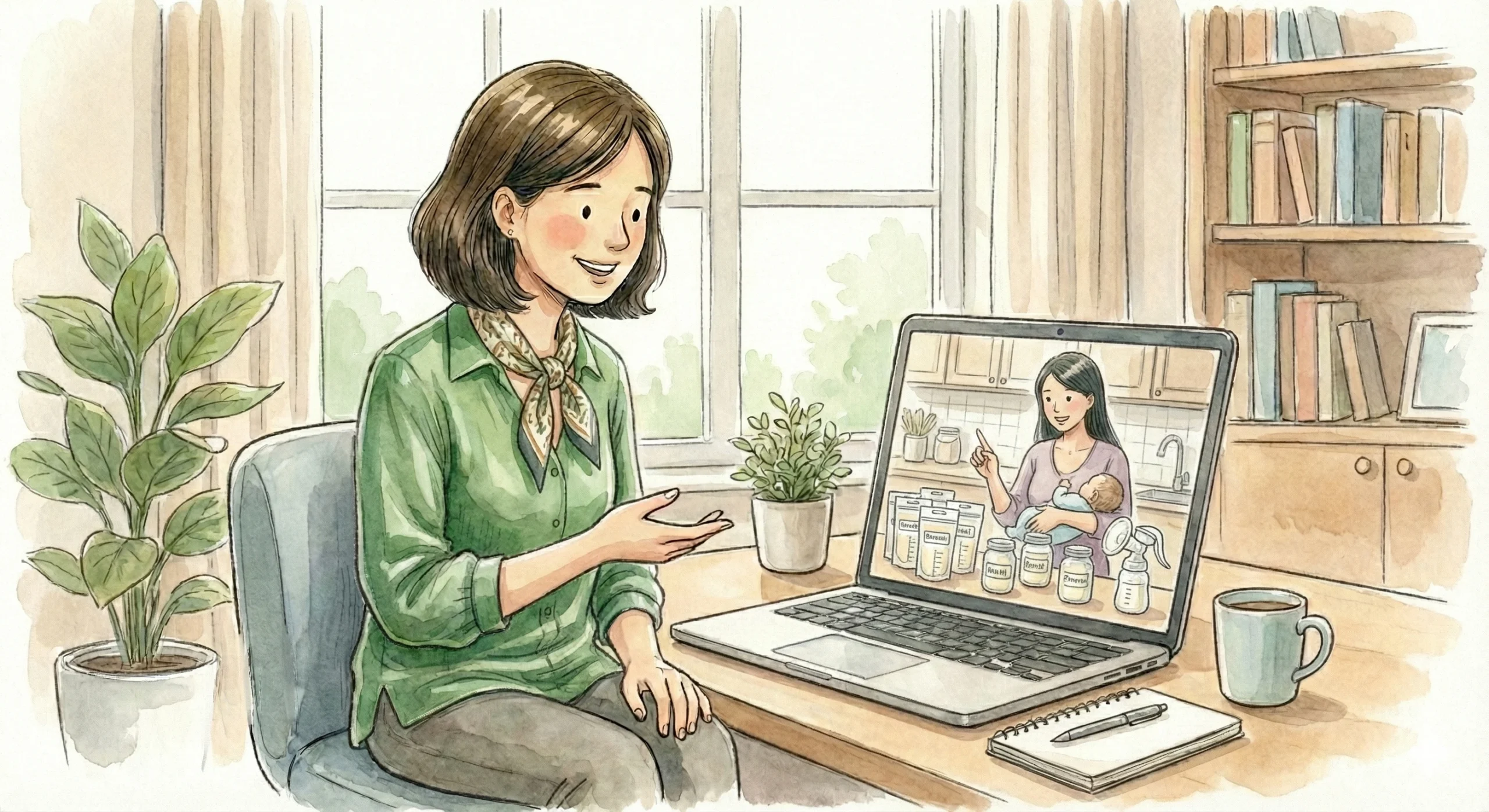 Personal medico en asesoría virtual personalizada a una mamá y su bebé sobre banco de leche materna con envases y extractor.