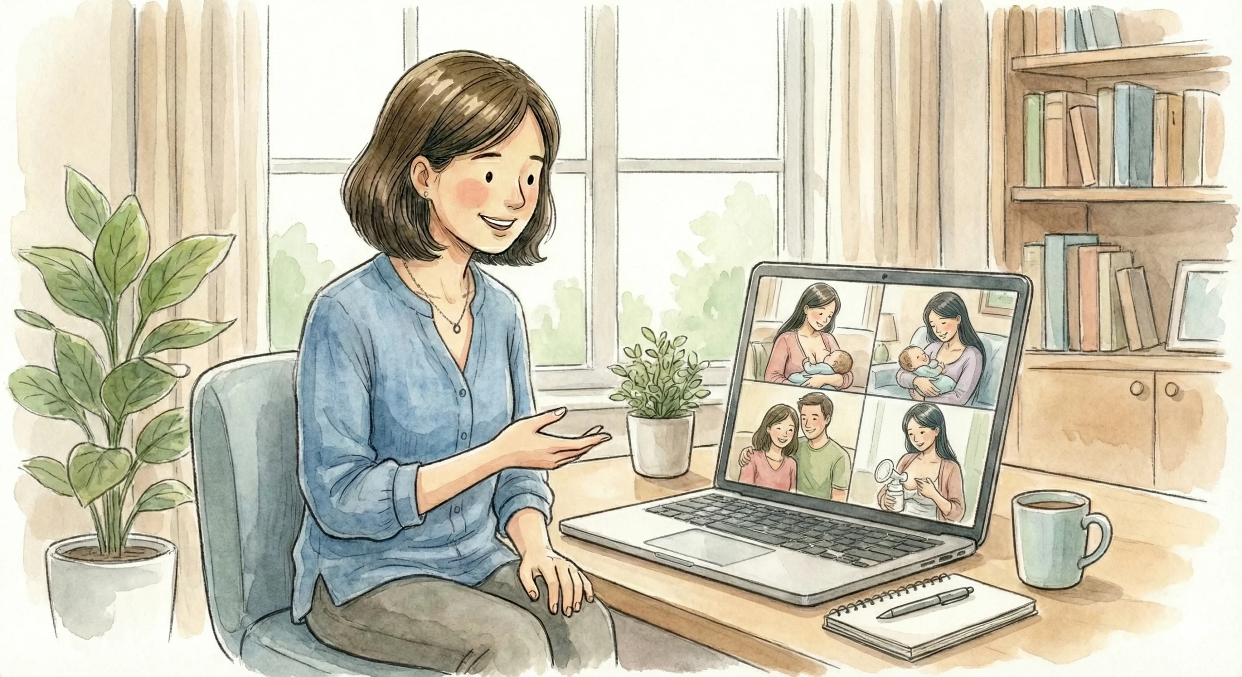 Taller Lactancia Materna virtual grupal Ilustración de una experta brindando apoyo a la lactancia materna grupal a través de una plataforma virtual.