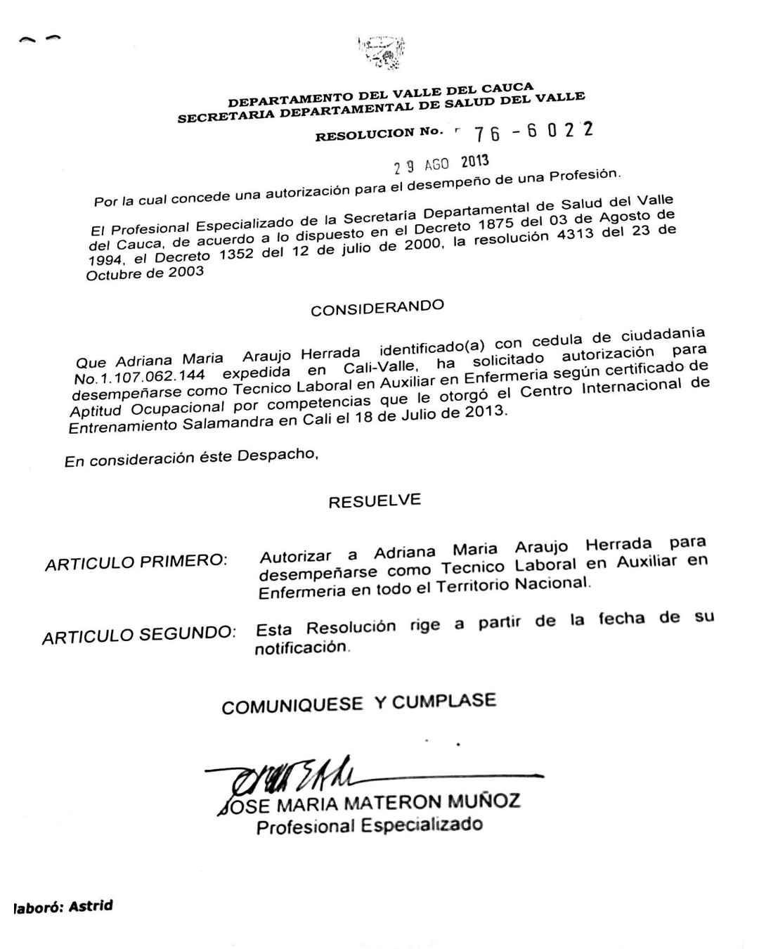 Registro como auxiliar de enfermeira Adriana Araujo