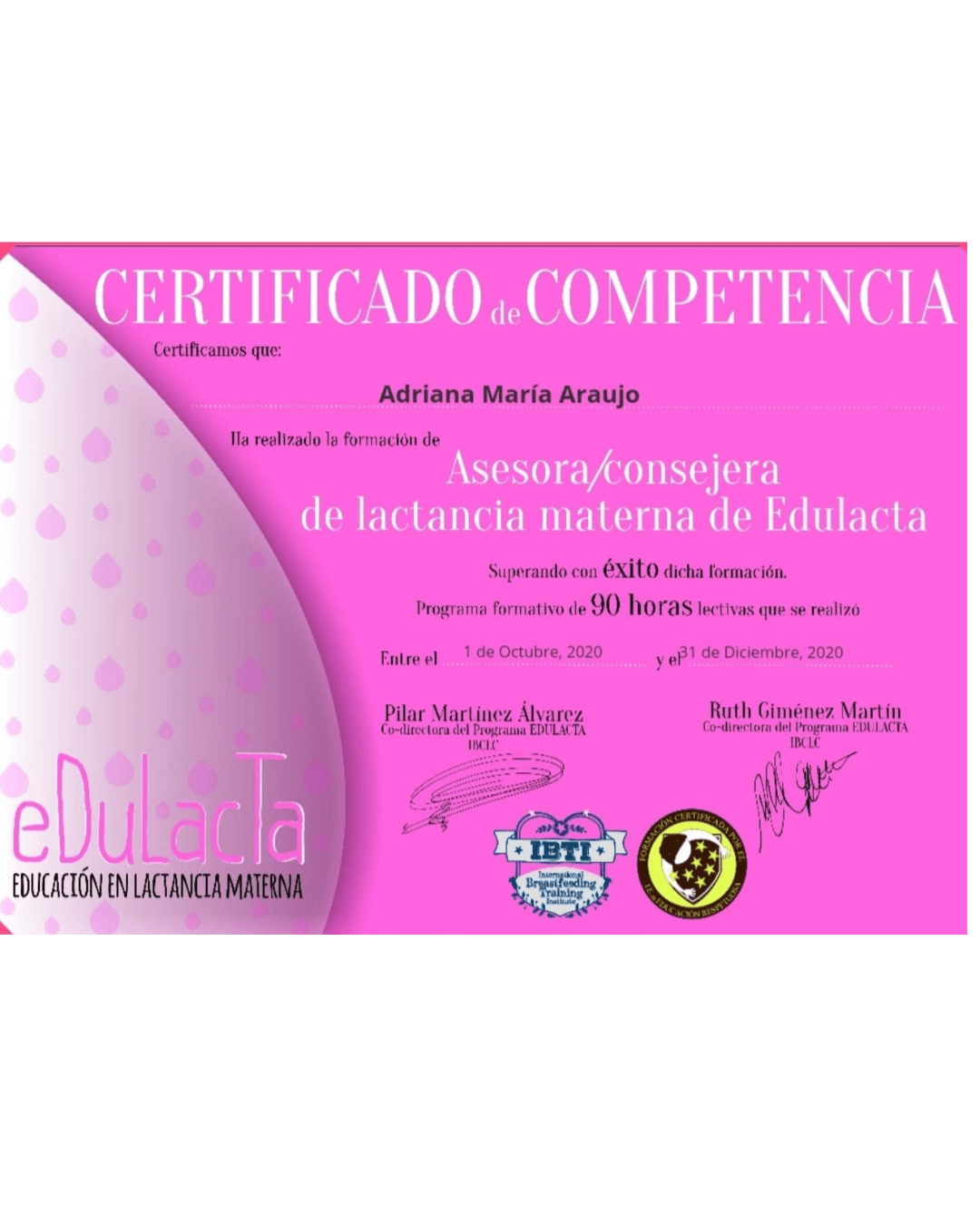 Certificado asesora de lactancia Adriana Araujo