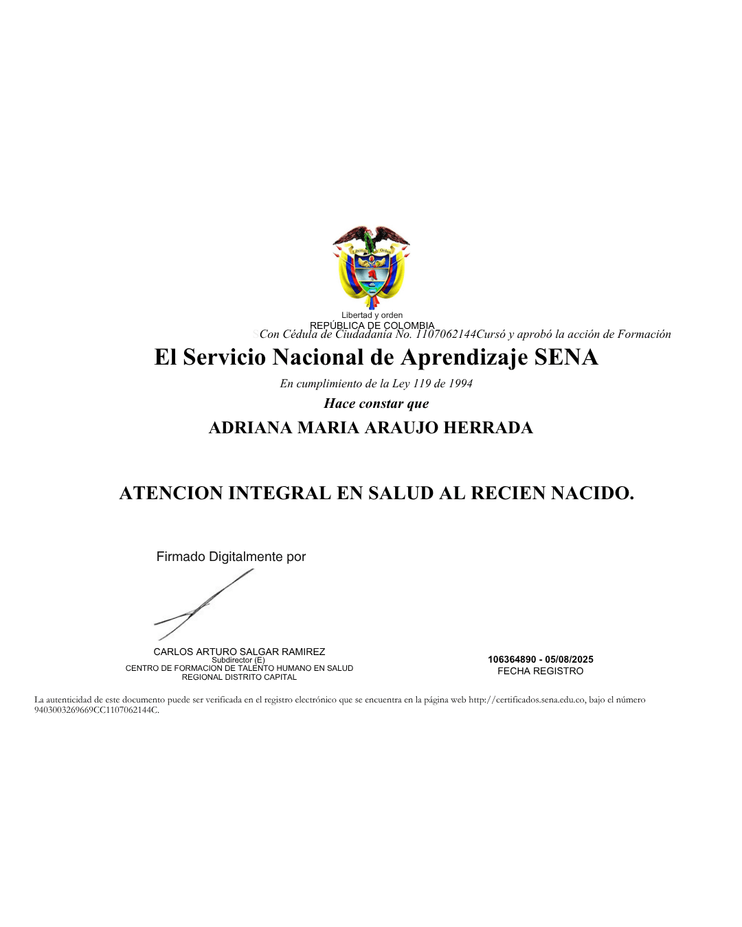 Certificado atencion en salud del recien nacido adriana araujo
