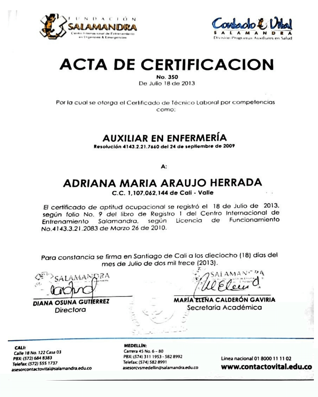 Acta de grado auxiliar de enfermeria Adriana Araujo