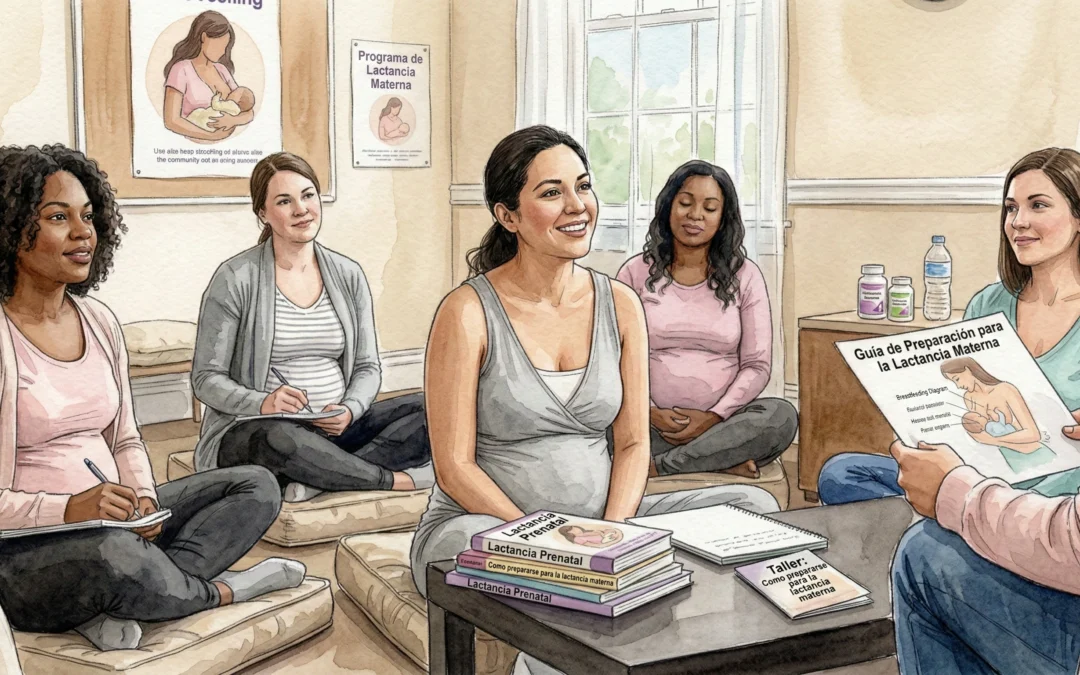 Ilustración de futuras madres asistiendo a una clase sobre cómo prepararse para amamantar.