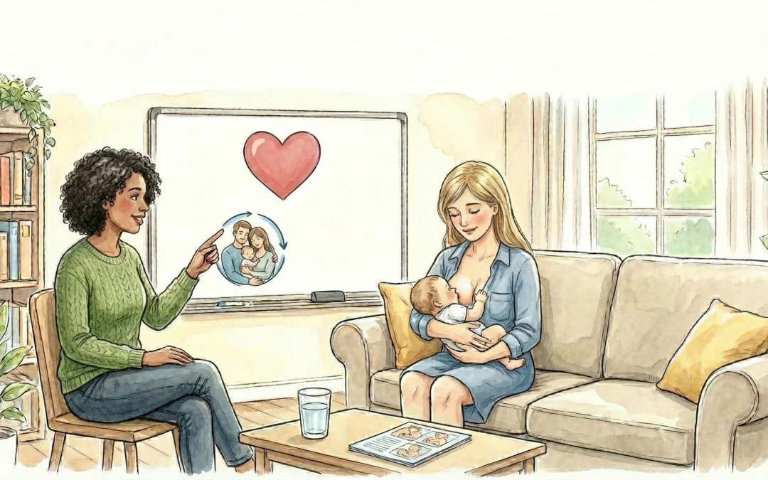 Escena de apoyo a la lactancia: madre con bebé y consejera explicando la lactancia materna y el vinculo nutricional y emocional