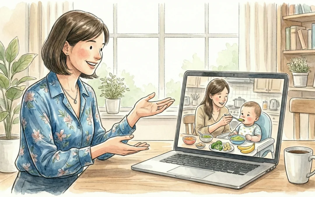 Ilustración de consulta online sobre nutrición infantil personalizada, asesora adriana araujo y madre alimentando a bebé.