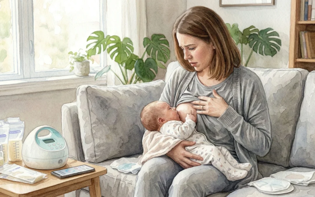 Madre amamantando a su bebé en el sofá, con sacaleches y leche extraída, ilustrando sobreproducción de leche.