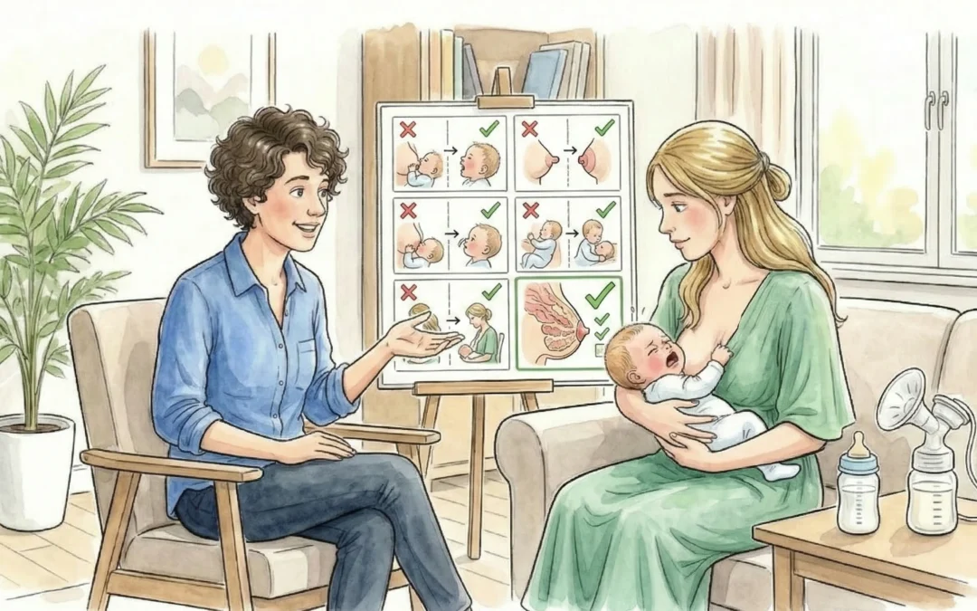 Madre amamantando a su bebé mientras una consultora de lactancia explica técnicas de agarre correctas con un diagrama.