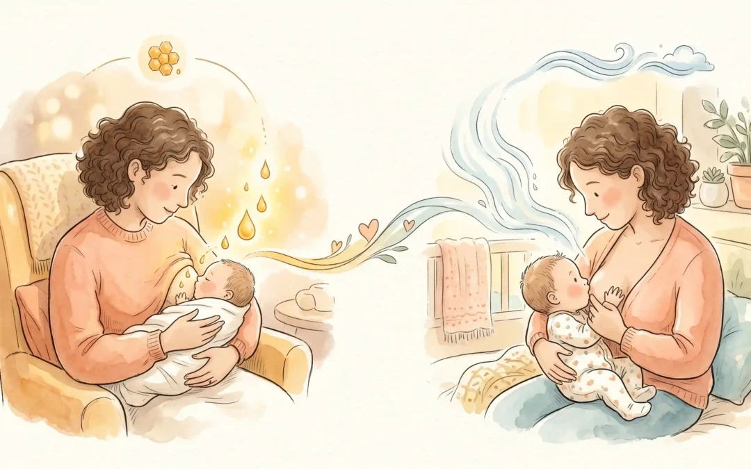Ilustración que muestra la diferencia entre calostro y la leche materna.