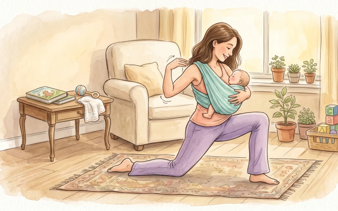 Madre amamantando a su bebé en portabebés mientras realiza estiramiento de yoga en casa, promoviendo ejercicio y lactancia.