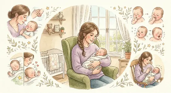 Dibujo de señales de hambre del bebé: gestos, muecas y llanto.